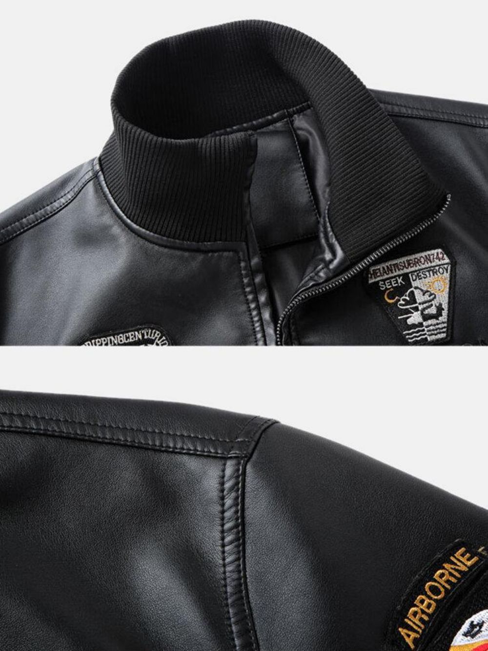 Bestickte Pu-Lederjacke Mit Stehkragen Und Mehreren Taschen Für Herren