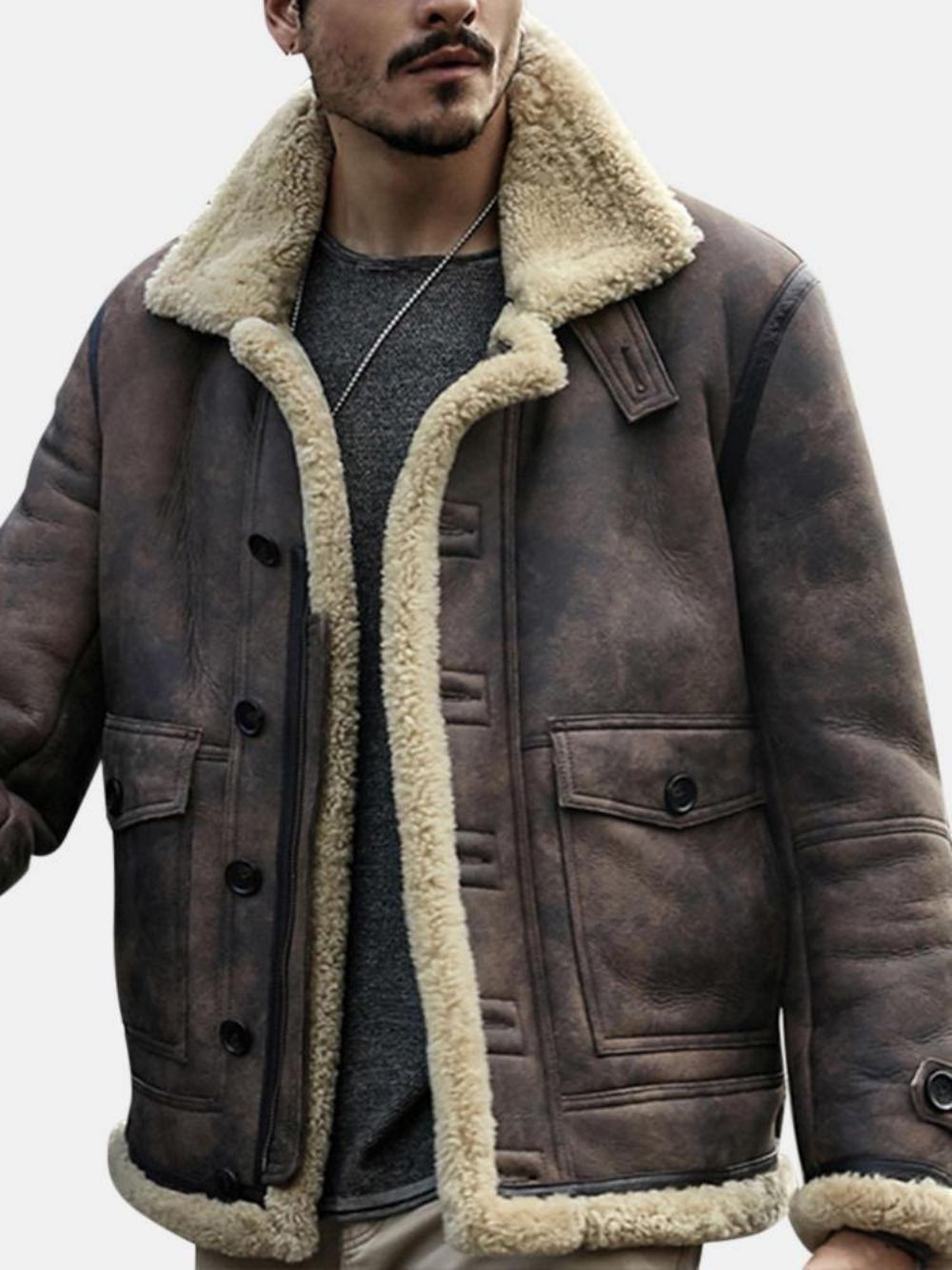 Charmkpr Herren Bikerjacke Big Pocket Shearling Kunstleder