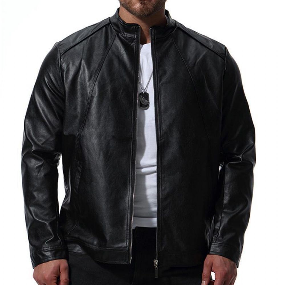 Herren Biker Stehkragen Stilvolle Schwarze Kunstlederjacke