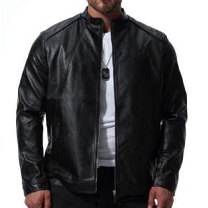 Herren Biker Stehkragen Stilvolle Schwarze Kunstlederjacke