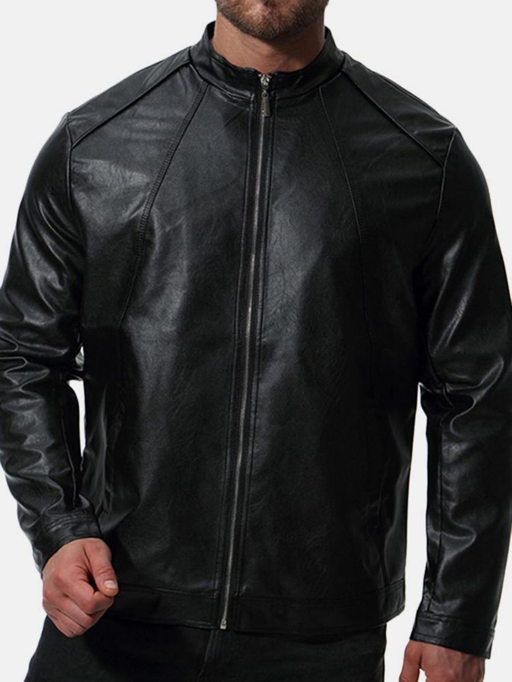 Herren Biker Stehkragen Stilvolle Schwarze Kunstlederjacke