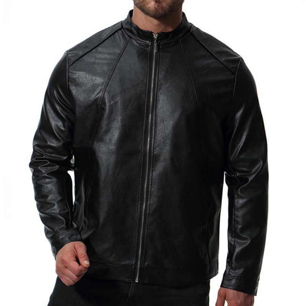 Herren Biker Stehkragen Stilvolle Schwarze Kunstlederjacke