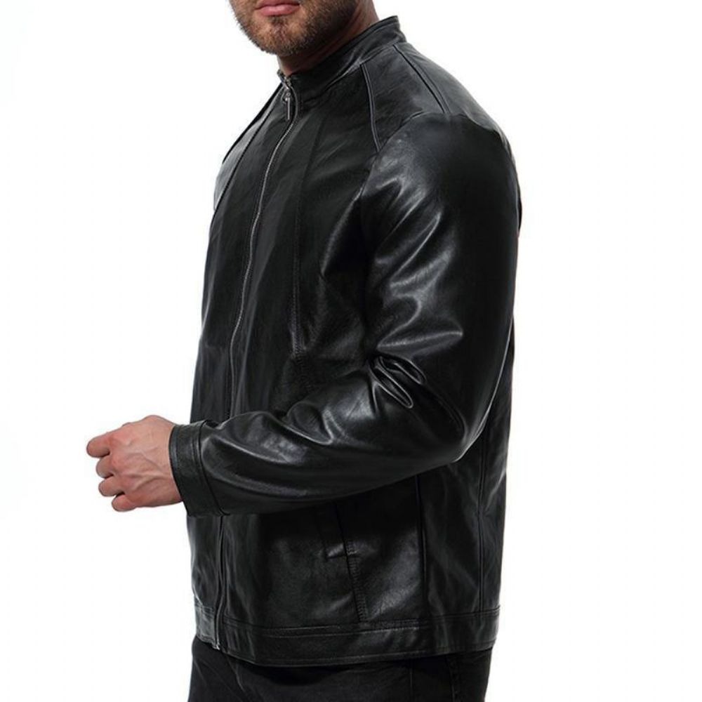 Herren Biker Stehkragen Stilvolle Schwarze Kunstlederjacke