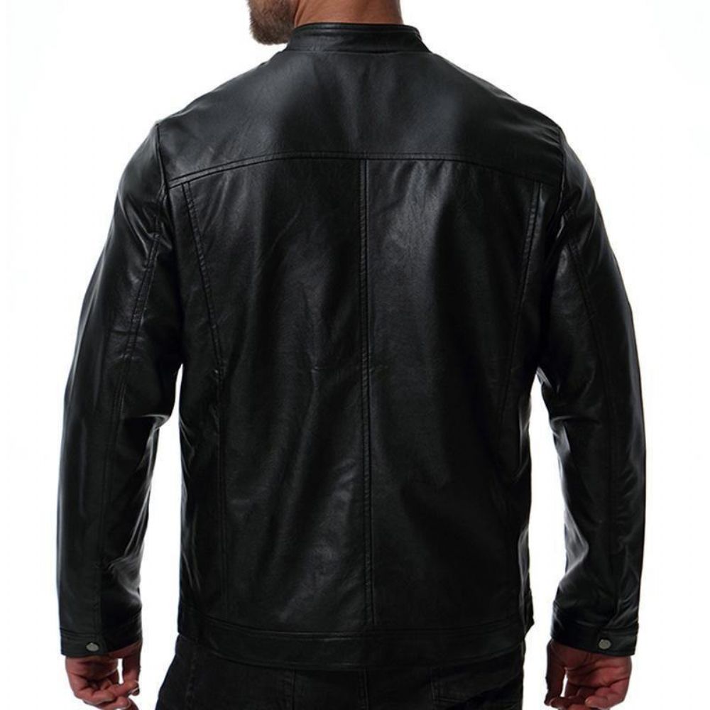 Herren Biker Stehkragen Stilvolle Schwarze Kunstlederjacke