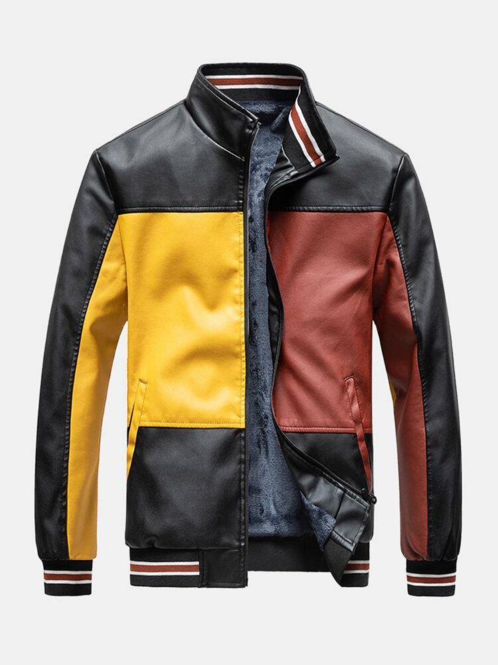 Herren Colorblock Patchwork Pu-Leder Reißverschluss Vorne Reverskragen Verdicken Jacken