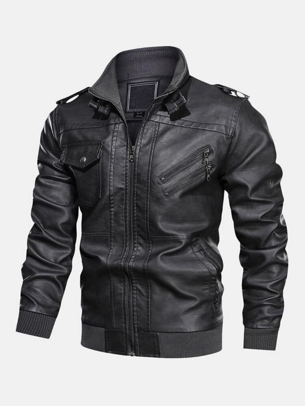 Herren Einfarbige Pu-Leder Bikerjacke Mit Reißverschluss Vorne Und Mehreren Taschen