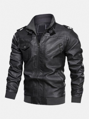 Herren Einfarbige Pu-Leder Bikerjacke Mit Reißverschluss Vorne Und Mehreren Taschen