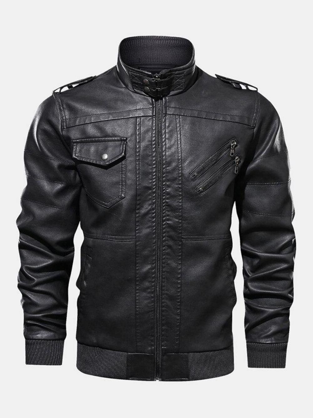 Herren Einfarbige Pu-Leder Bikerjacke Mit Reißverschluss Vorne Und Mehreren Taschen