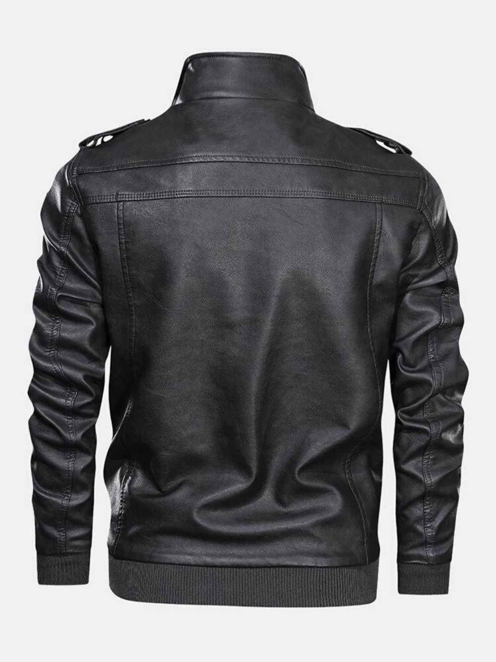 Herren Einfarbige Pu-Leder Bikerjacke Mit Reißverschluss Vorne Und Mehreren Taschen