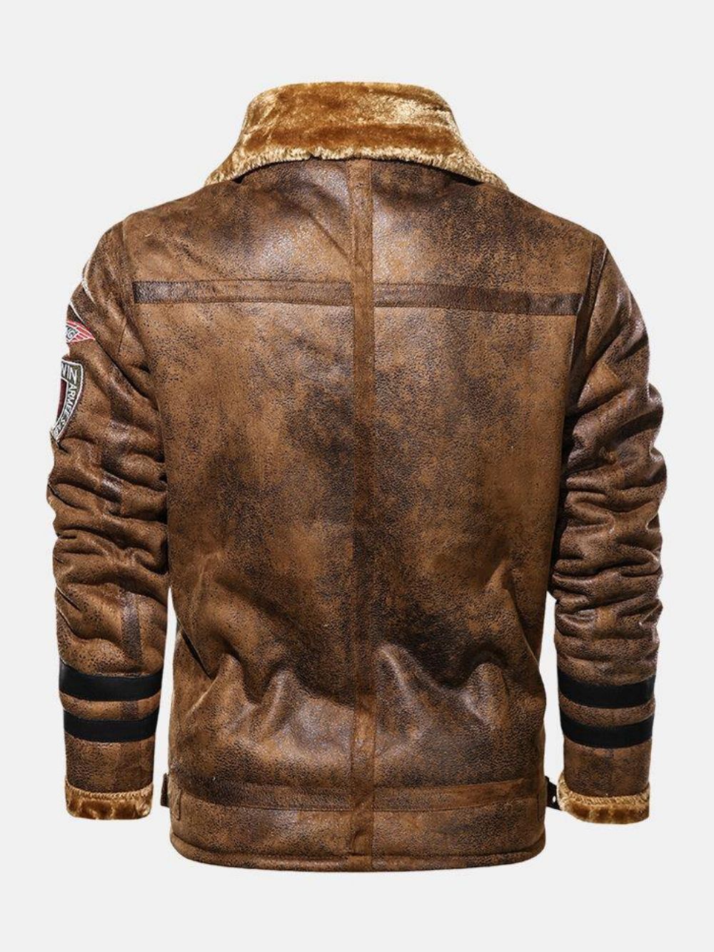 Herren Faux Fur Badge Reißverschluss Vorne Reverskragen Relaxed Fit Thicken Jacken