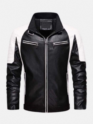 Herren-Kontrast-Patchwork-Gewaschene Motorrad-Pu-Lederjacke Mit Tasche