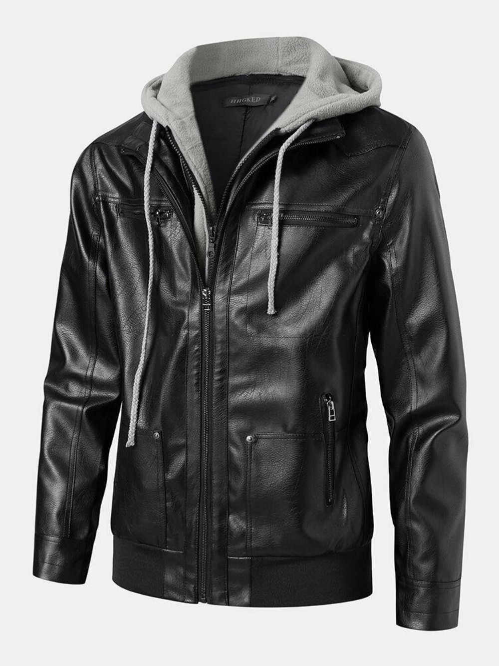 Herren Multi Pocket Zipper Hoodede Leder Motorradjacke