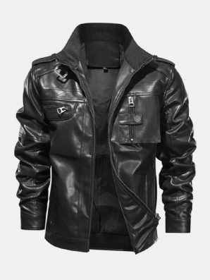 Herren Pocket Zip-Up Pu Leder Schwarz Langarm Motorradjacke