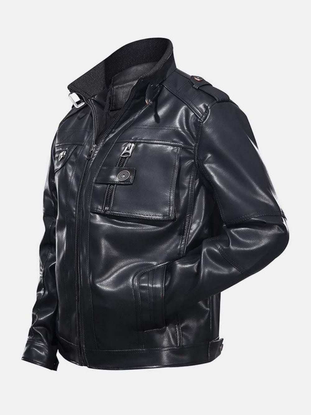 Herren Pocket Zip-Up Pu Leder Schwarz Langarm Motorradjacke