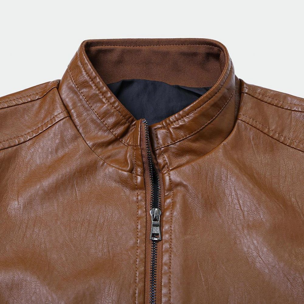 Herren Pu Vintage Stehkragen Reißverschluss Dicke Freizeitjacke