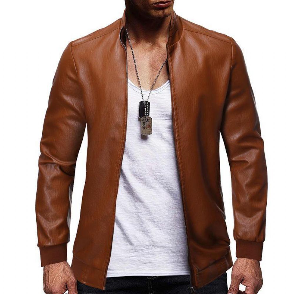 Herren Pu Vintage Stehkragen Reißverschluss Dicke Freizeitjacke