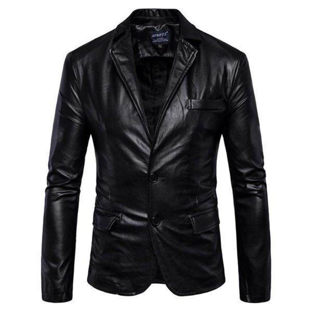 Herren Reverskragen Slim Fit Schwarze Mode Kunstlederjacke