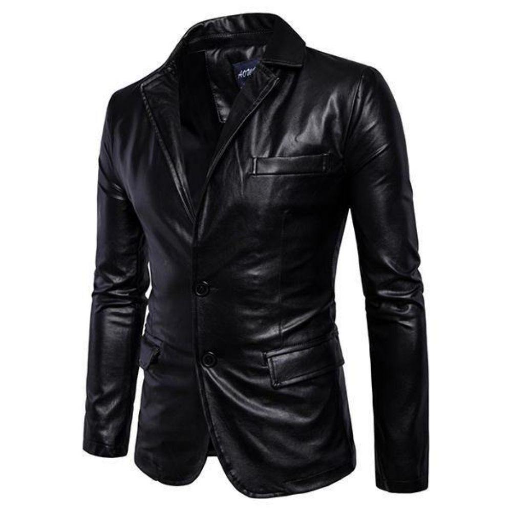 Herren Reverskragen Slim Fit Schwarze Mode Kunstlederjacke