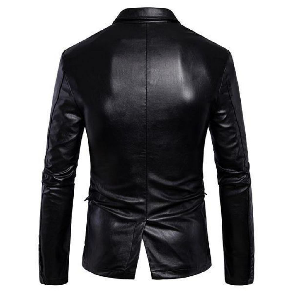 Herren Reverskragen Slim Fit Schwarze Mode Kunstlederjacke