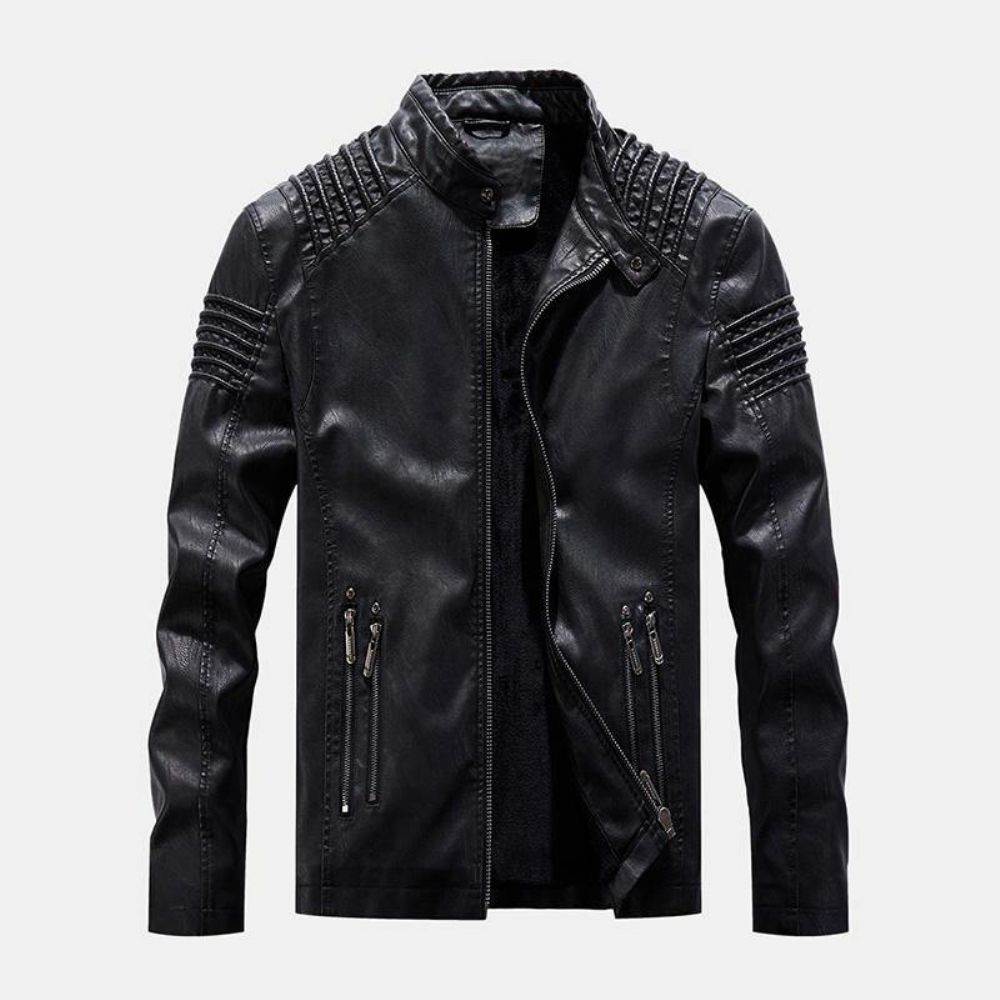 Herren Vintage Pu Winddichte Reißverschlüsse Stehkragen Dicke Jacke