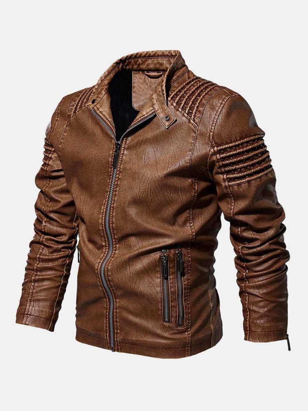 Herren Vintage Pu Winddichte Reißverschlüsse Stehkragen Dicke Jacke