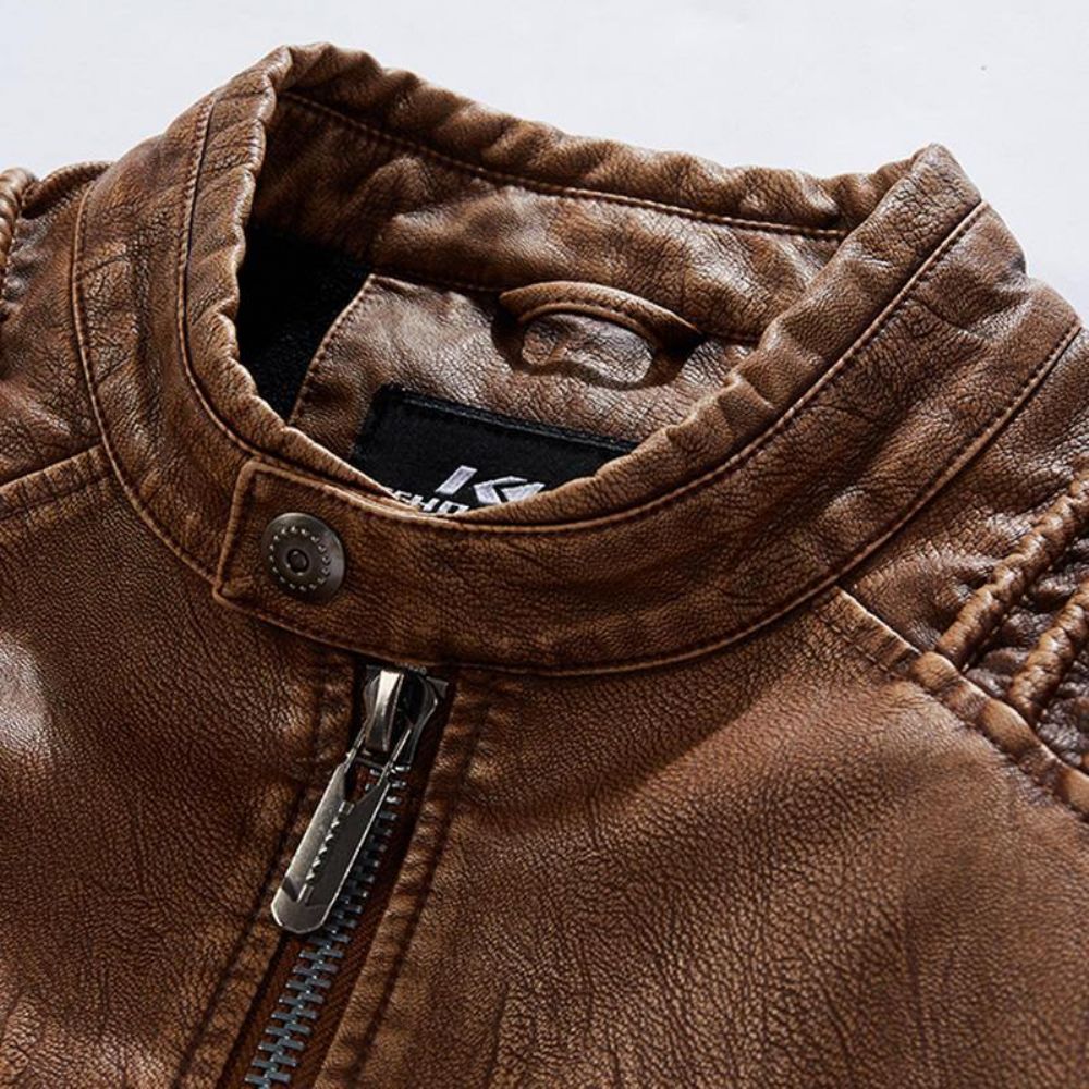 Herren Vintage Pu Winddichte Reißverschlüsse Stehkragen Dicke Jacke