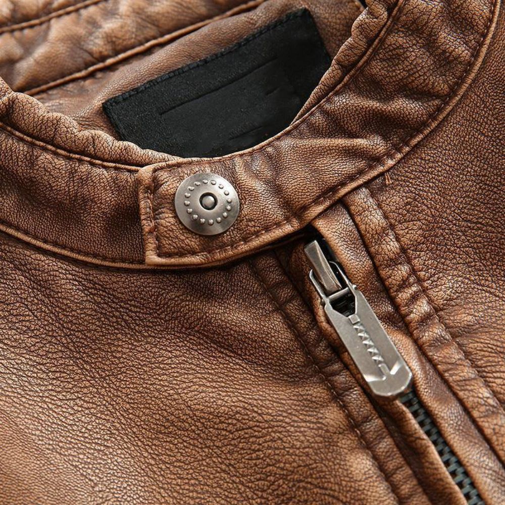 Herren Vintage Stehkragen Pu Reißverschluss Praktische Taschenjacke