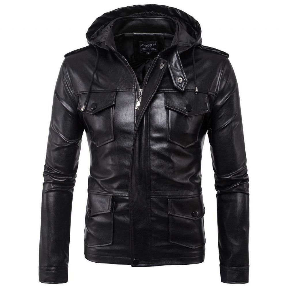 Kunstlederjacke Mit Abnehmbarer Kapuze Für Herren Pu-Bikerjacke