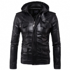 Kunstlederjacke Mit Abnehmbarer Kapuze Für Herren Pu-Bikerjacke