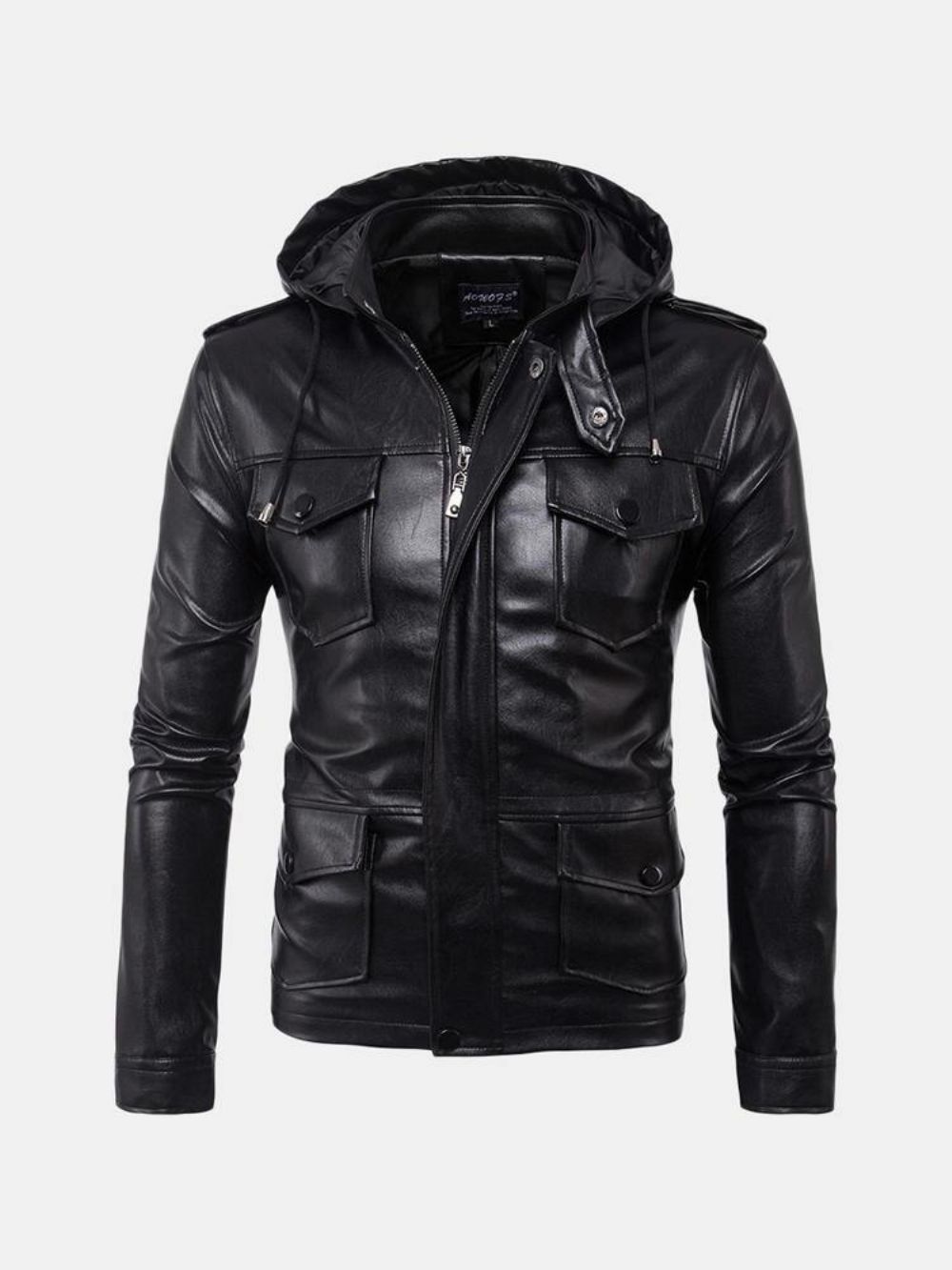 Kunstlederjacke Mit Abnehmbarer Kapuze Für Herren Pu-Bikerjacke