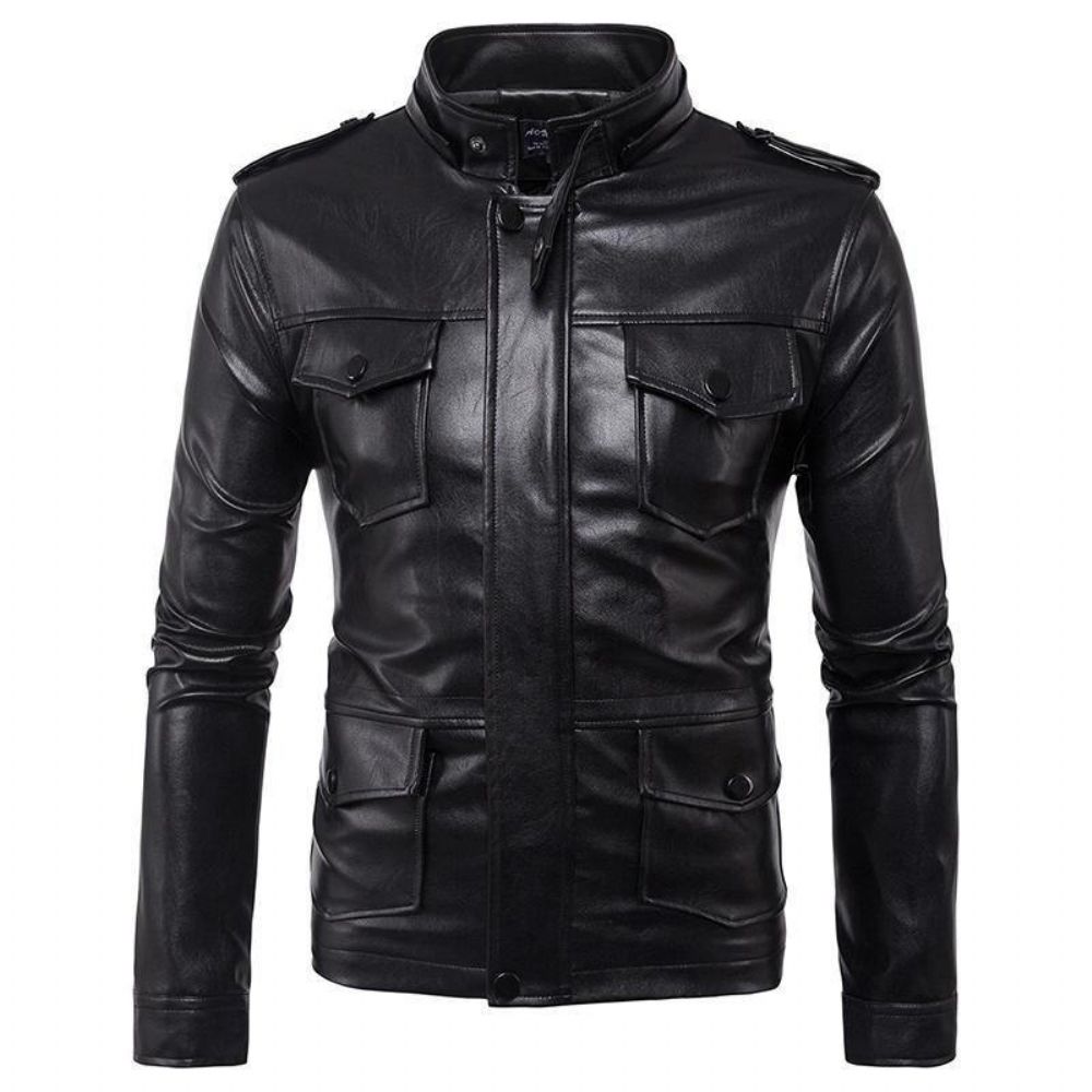 Kunstlederjacke Mit Abnehmbarer Kapuze Für Herren Pu-Bikerjacke