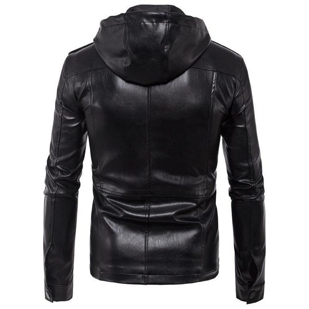 Kunstlederjacke Mit Abnehmbarer Kapuze Für Herren Pu-Bikerjacke