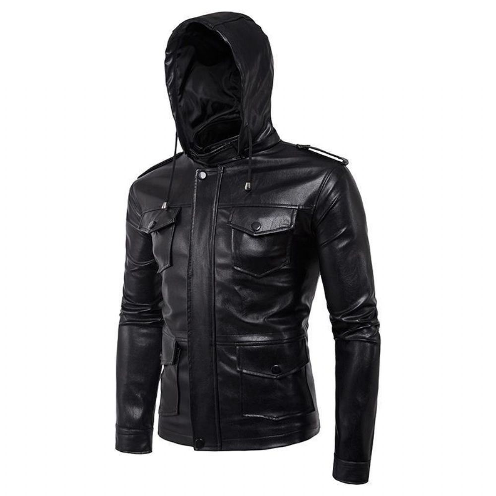 Kunstlederjacke Mit Abnehmbarer Kapuze Für Herren Pu-Bikerjacke