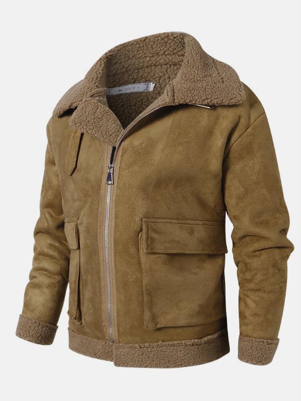 Langärmlige Wildlederjacke Mit Borg-Kragen Und Tasche Für Herren