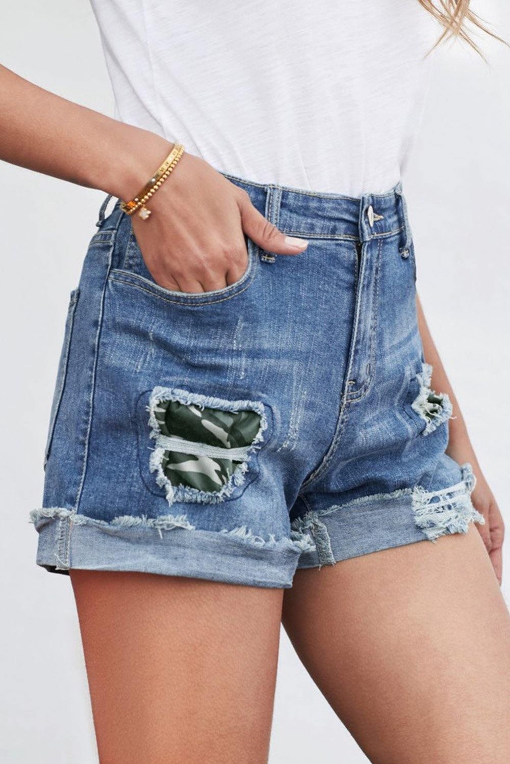 Camo-Patchwork-Denim-Shorts