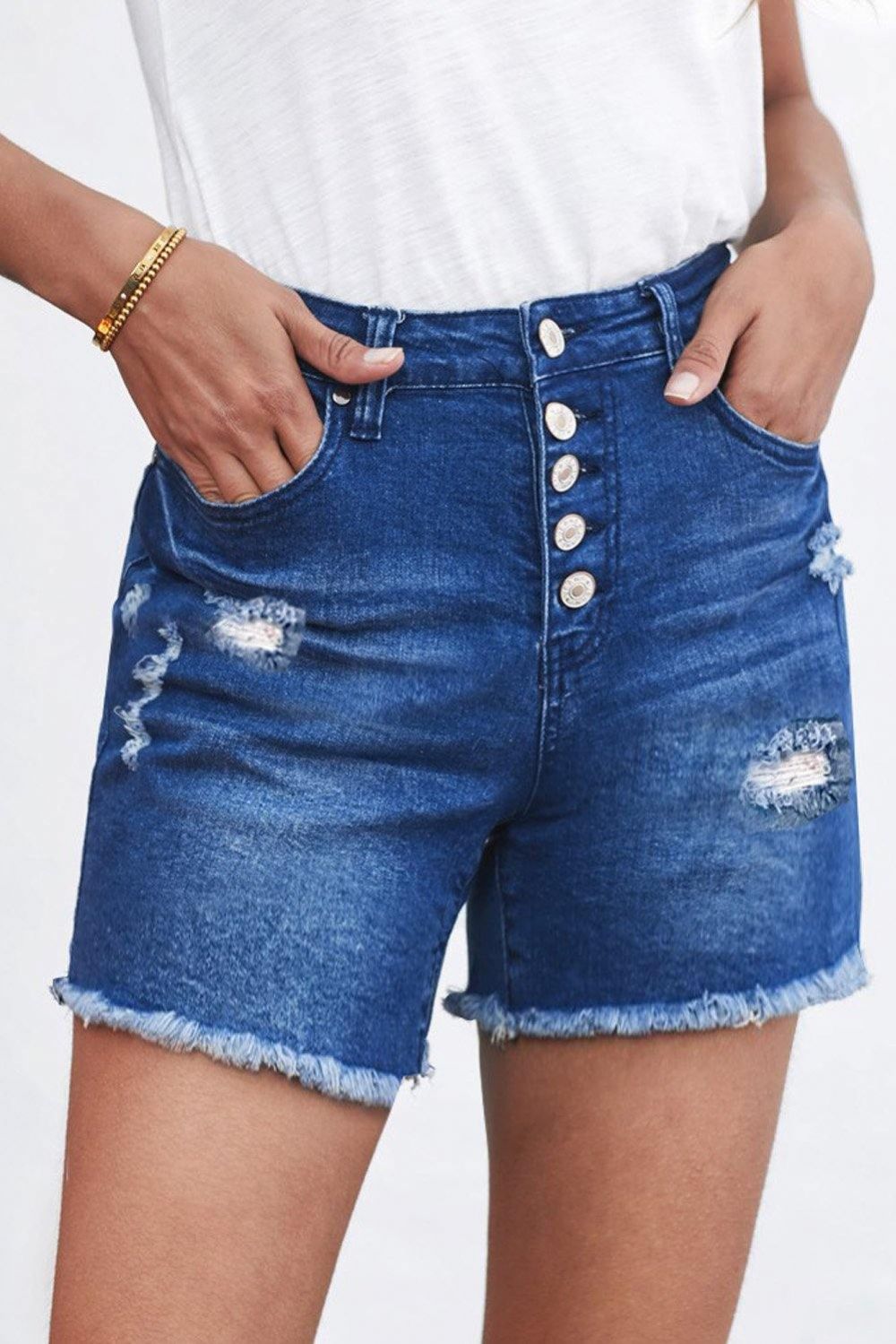 Geknöpfte Und Ausgefranste Denim-Shorts