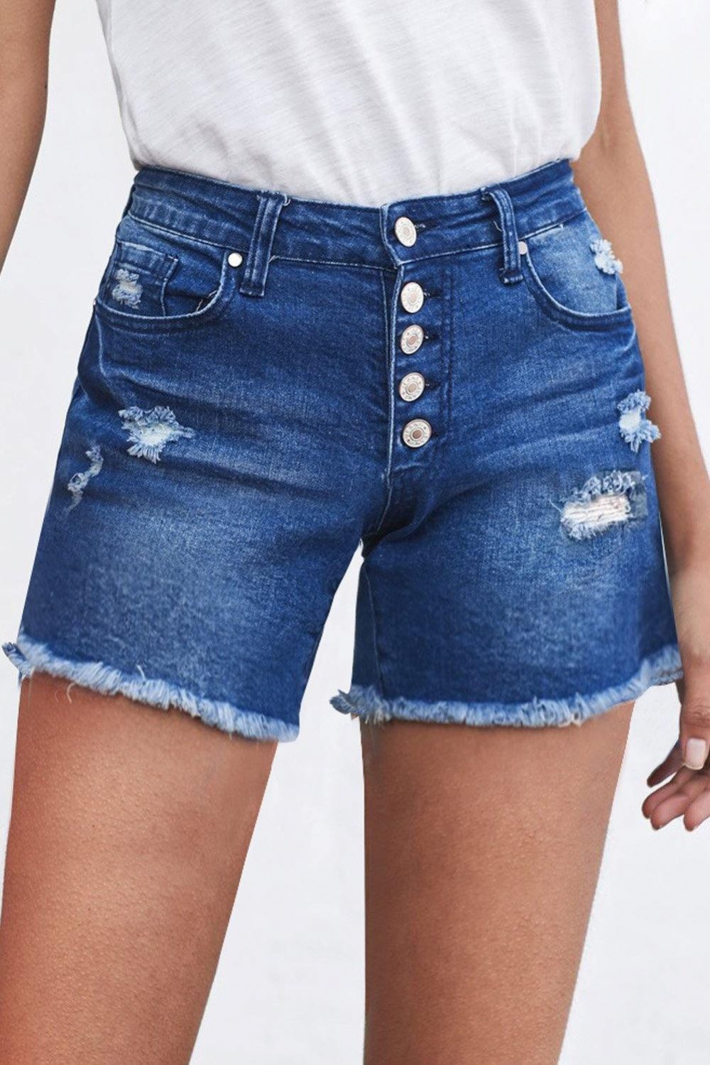 Geknöpfte Und Ausgefranste Denim-Shorts