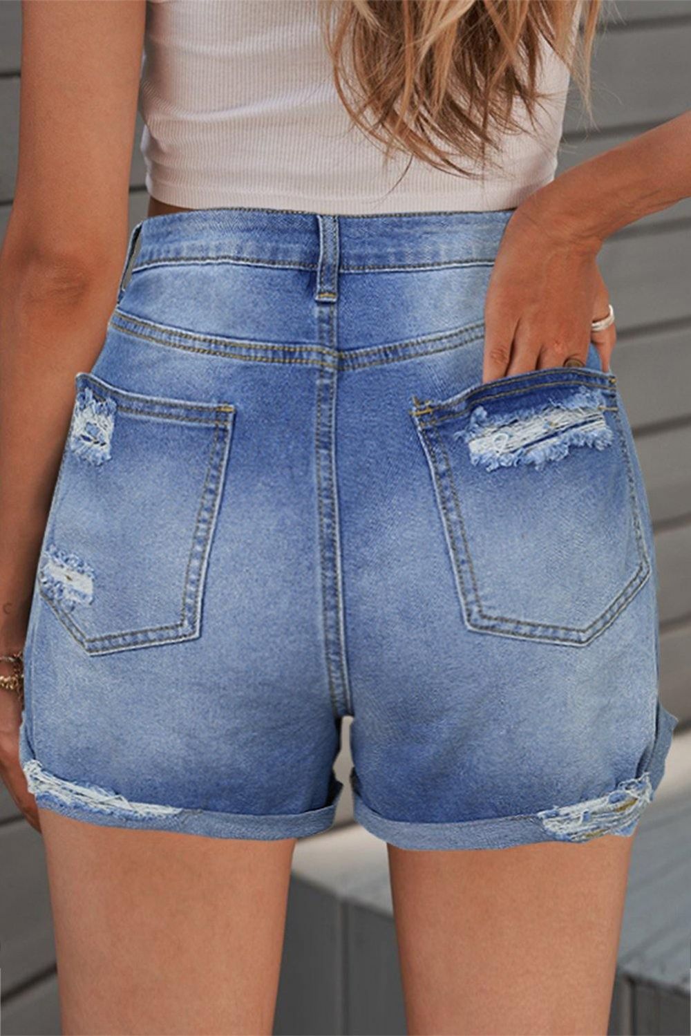 Zerrissene Denim-Shorts Mit Gefaltetem Saum