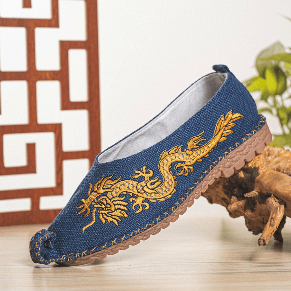 Atmungsaktive Rutschfeste Alte Peking-Drachen-Stickerei Für Männer Bequeme Lässige Leinenschuhe