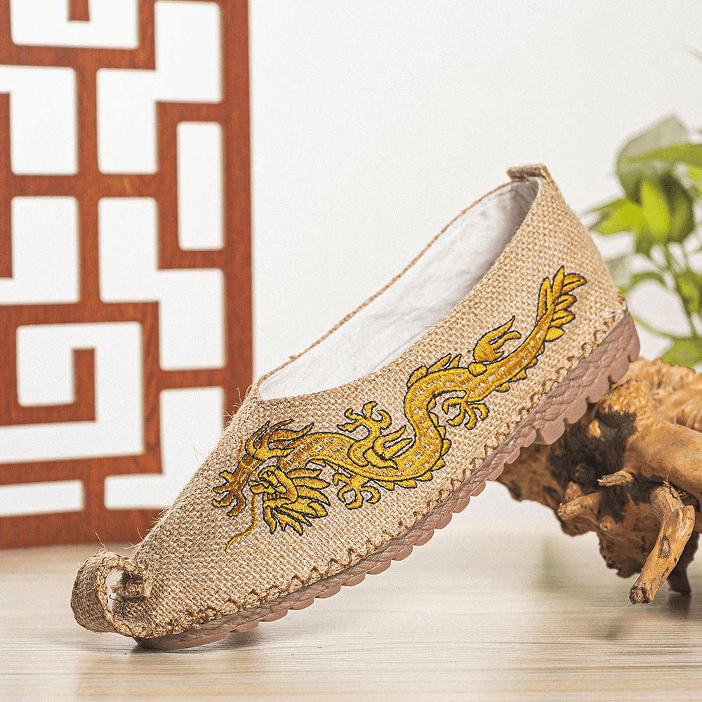 Atmungsaktive Rutschfeste Alte Peking-Drachen-Stickerei Für Männer Bequeme Lässige Leinenschuhe