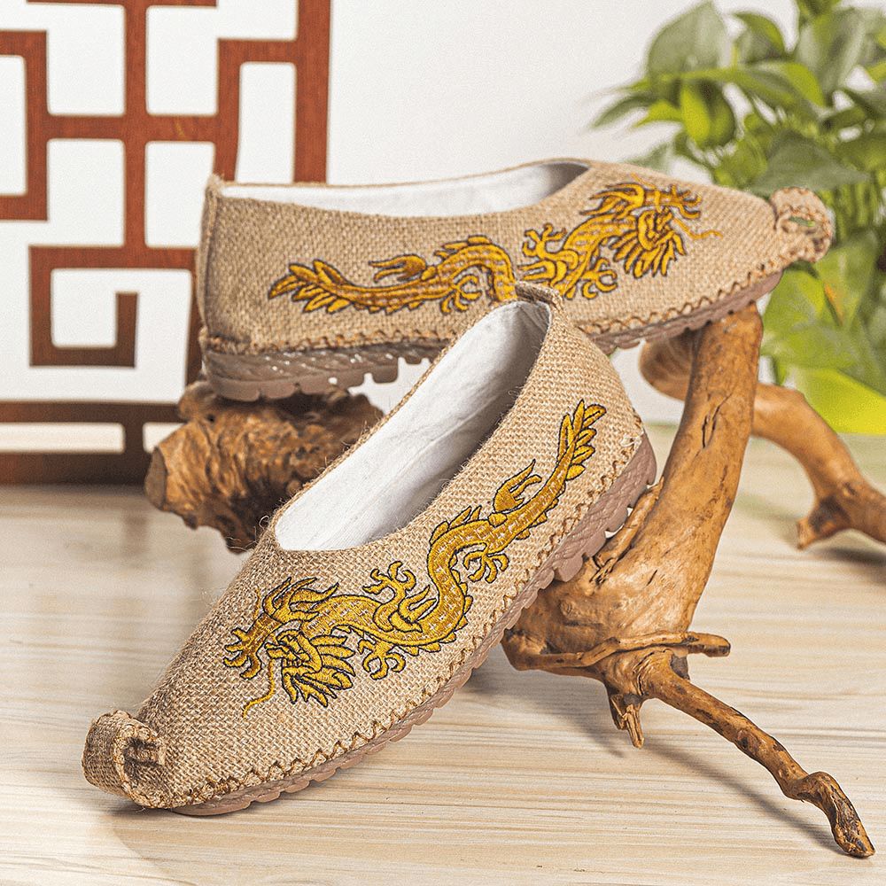 Atmungsaktive Rutschfeste Alte Peking-Drachen-Stickerei Für Männer Bequeme Lässige Leinenschuhe