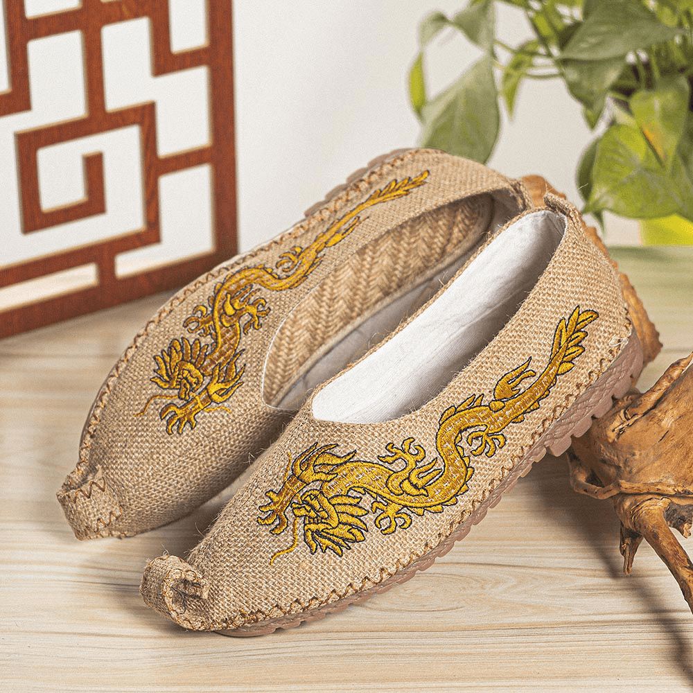 Atmungsaktive Rutschfeste Alte Peking-Drachen-Stickerei Für Männer Bequeme Lässige Leinenschuhe