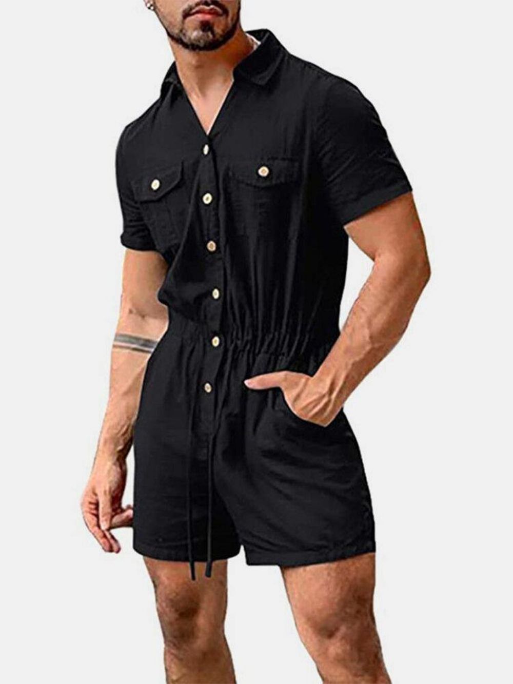 Herren Baumwolle Einfarbig Multi Pocket Lässige Kurzarm Shorts Overalls