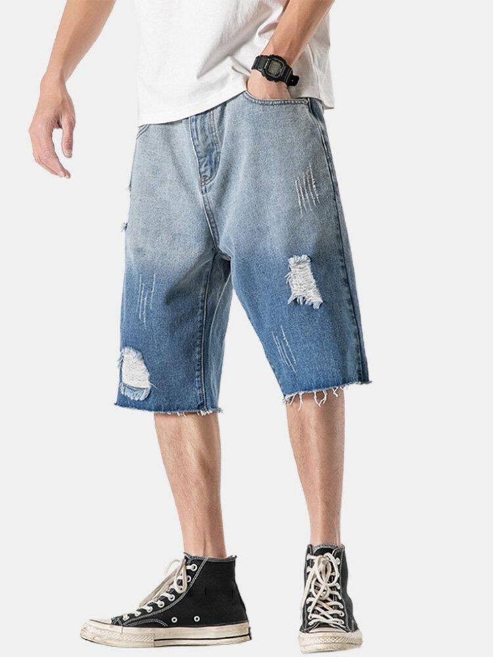 Herren-Denim-Taschen Mit Farbverlauf Lockere Bequeme Lässige Shorts