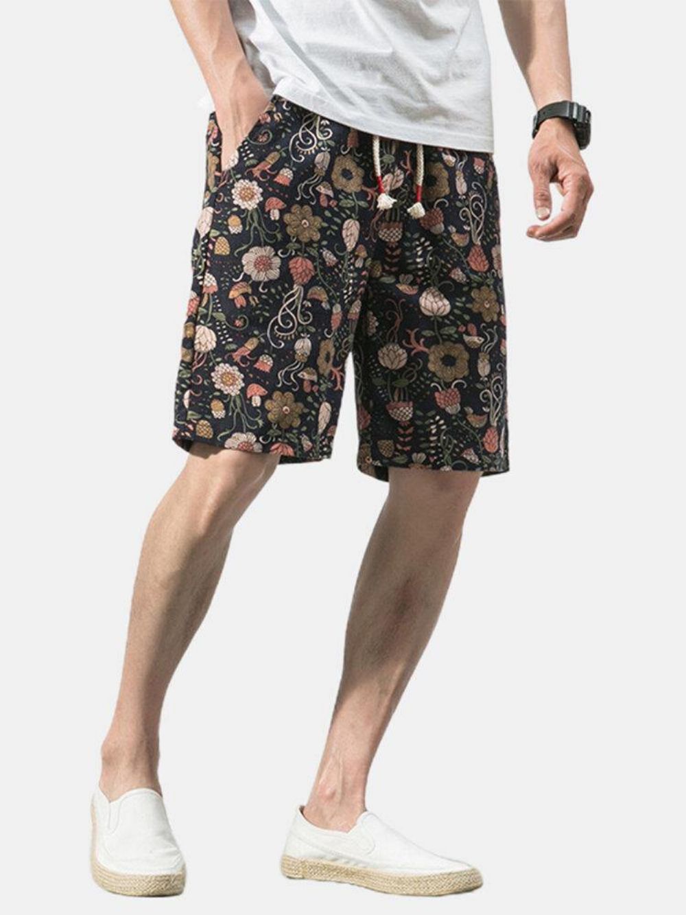 Lässige Shorts Mit Kordelzug Und Blumendruck Für Herren Aus Baumwolle