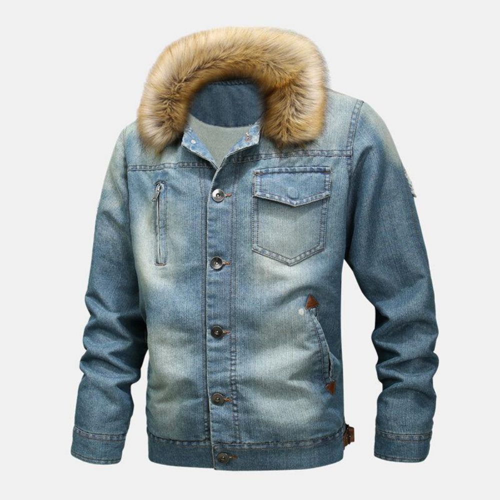 Herrenmode 100% Baumwolle Taschen Denim Fleece Verdickte Freizeitjacke Mit Stehkragen