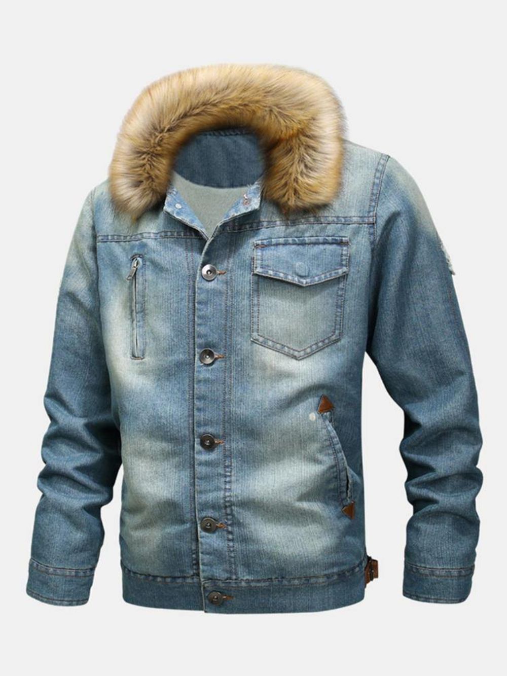 Herrenmode 100% Baumwolle Taschen Denim Fleece Verdickte Freizeitjacke Mit Stehkragen