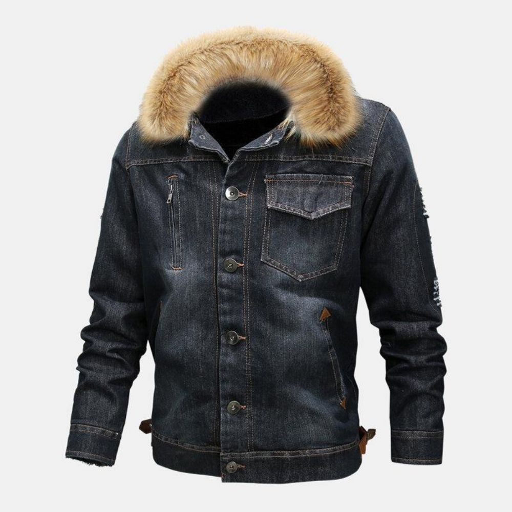 Herrenmode 100% Baumwolle Taschen Denim Fleece Verdickte Freizeitjacke Mit Stehkragen