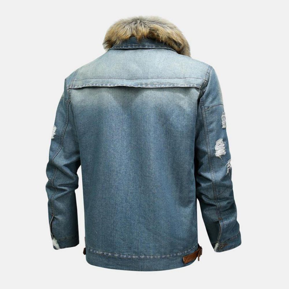 Herrenmode 100% Baumwolle Taschen Denim Fleece Verdickte Freizeitjacke Mit Stehkragen