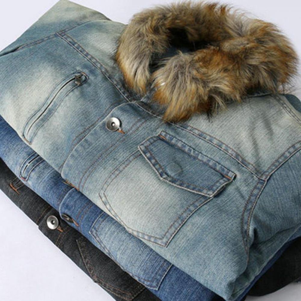 Herrenmode 100% Baumwolle Taschen Denim Fleece Verdickte Freizeitjacke Mit Stehkragen